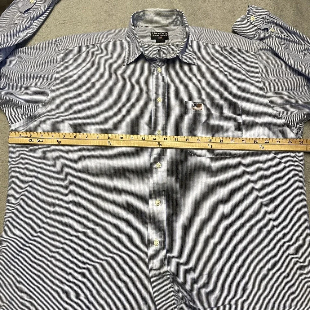 Polo Jeans Ralph Lauren Shirt Mens Large Blue‎ Striped Button Up Flag Logo Y2K